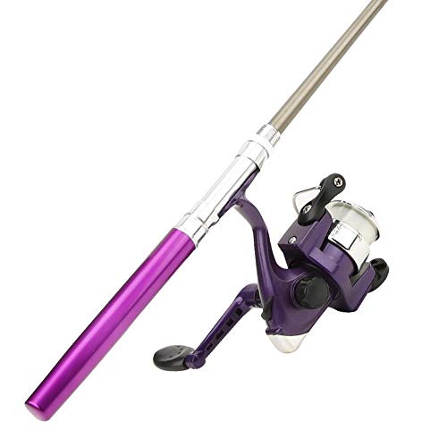 Kit de caña de pescar multifunción, forma de lápiz portátil Caña de pescar Mini caña de pescar Bolígrafo retráctil con carrete de pesca, hilo de pescar, caja de herramientas pequeña(Púrpura)