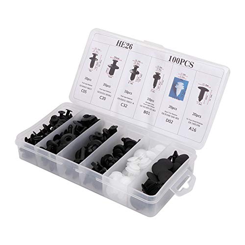 Kit de sujetadores de plástico y clips de retención de coche HE26 de 100 piezas - Juego de remaches de pasadores de empuje automático de parachoques de nailon de 6 tipos para G-M
