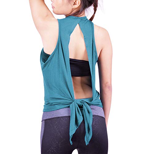 Lofbaz Mujer de Espalda Abierta Yoga Camiseta Atar la Rutina de Ejercicio Ropa Brasier de Espalda Cruzada Camiseta sin Mangas Parte Superior - Azul acuático - S