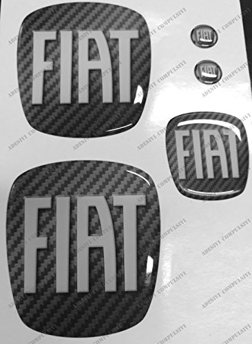 Logo Fiat 500 delantera, trasera + Volante + 2 para escudo Llavero. Para capó y maletero. Pegatinas resina, efecto 3d. fregi Color Fondo carbono