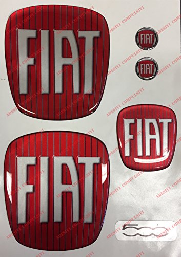 Logo Fiat 500 Delantero, Trasero + Volante + 2 Emblemas para Llavero para Capó y Maletero Adhesivos resinados Efecto 3D Estilo Clásico