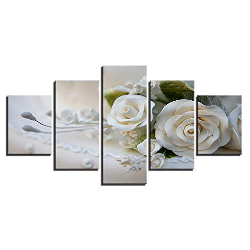 LOVELYJ Lienzo HD Impresiones Imágenes Arte De Pared Modular Carteles 5 Piezas Rosas Blancas Flores Pinturas para Sala De Estar Decoración del Hogar-SinMarco