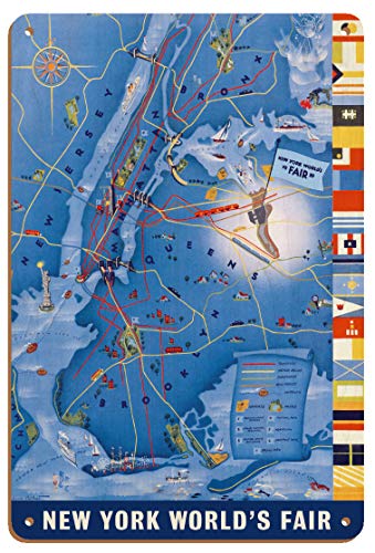 Mapa cartográfico de Nueva York – Feria Mundial 1939 – Mapa cartográfico de colores vintage por Henry Stahlhut C.1939 – 8 pulgadas x 30 cm Vintage madera Art Sign
