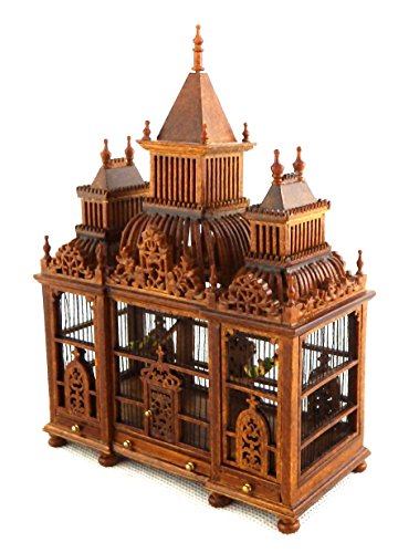 Melody Jane Casa de Muñecas Decoración 3 Torreta Madera de Nogal Victoriana Jaula con Pájaros Miniatura