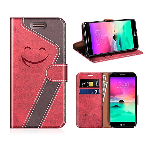 MOBESV Smiley Funda Cartera LG K10 2017 Magnético, Funda Cuero Movil LG K10 2017 Carcasa Case con Billetera/Soporte para LG K10 2017, Rojo/Violeta Oscuro