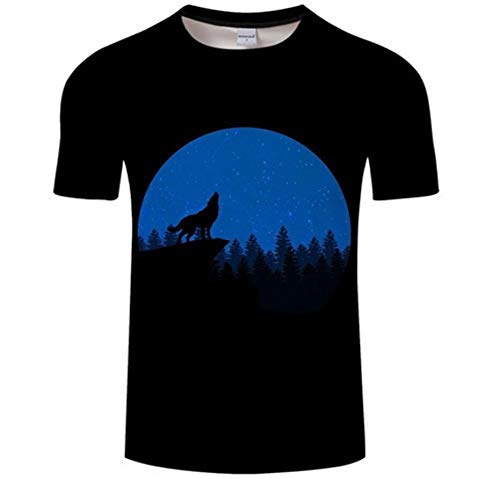 Moon Night Timber Wolf Print Negro Camiseta Summer 3D Print Design Manga Corta Unisex Moda Casual Pullover Tees Cuello Redondo Camisetas,M