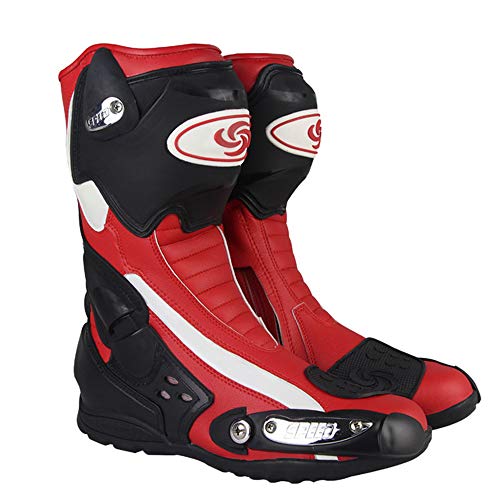 MRDEAR Botas de Motociclismo Cuero Impermeables Hombre Botas de Motocross Zapatos Moto Botas Deportivas Protectoras, Rojo Negro (40 EU)