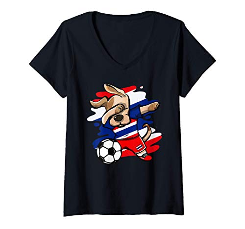 Mujer Divertido Dabbing Perro Fútbol de Tailandia Bandera Deporte Camiseta Cuello V
