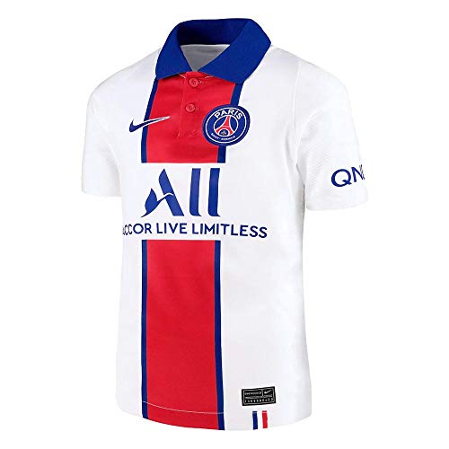 NIKE Paris Saint-Germain Temporada 2020/21-PSG Y NK BRT STAD JSY SS AWCD4507-101 Camiseta Segunda Equipación, Niño, White/Old Royal Full Sponsor, XS