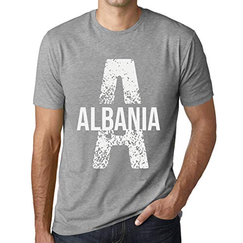 One in the City Hombre Camiseta Vintage T-Shirt Letter A Countries and Cities Albania Gris Moteado