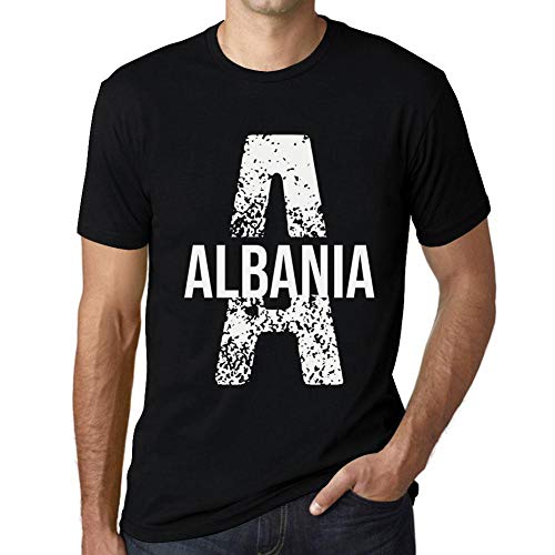 One in the City Hombre Camiseta Vintage T-Shirt Letter A Countries and Cities Albania Negro Profundo Texto Blanco