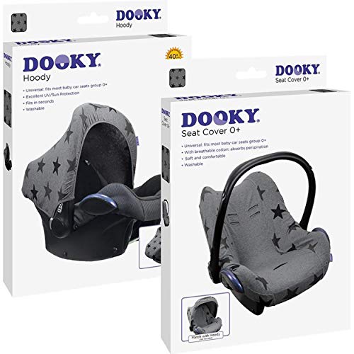Original Dooky Combi Pack – Hoody & Seat Cover – Protección solar y funda para portabebés (Diseño: Grey Stars, Grupo de edad 0+, protección UV 40+, adecuado para la mayoría de marcas), gris oscuro