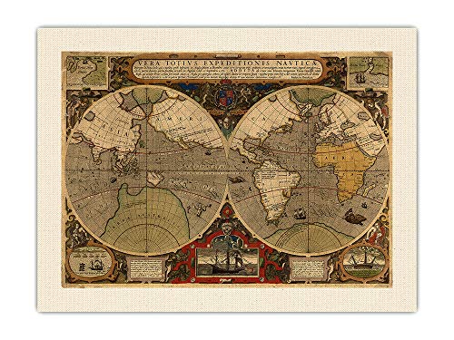 Pacifica Island Art Mapa de Expediciones del Mundo – Sir Francis Drake y Thomas Cavendish – Mapa cartográfico de colores vintage por Jodocus Hondius c.1595 – Tela de tela orgánica RAW de 45,7 x 61 cm