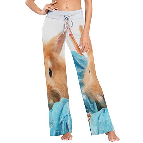 Pantalones de Pijama para Mujer, Pantalones de Yoga, Leggings Inferiores, Pantalones de salón de Cintura Alta, Conejito en Canasta con Bufanda Azul