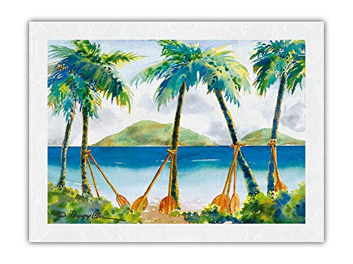 Peggy Chun - Impresión artística de papel de arroz Unryu (45,7 x 60,9 cm), diseño de paletas de canoa hawaiana con palmeras