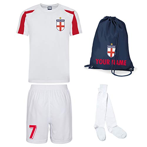Print Me A Shirt Conjunto de Fútbol Blanco Selección de Inglaterra Personalizable para Niños, Camiseta, Pantalones Cortos, Calcetines y Bolsa Personalizable, Kit de fútbol de Inglaterra