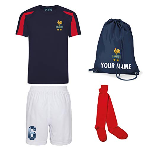 Print Me A Shirt Conjunto de Fútbol de la Selección Francesa Personalizable para Niños, Camiseta, Pantalones Cortos, Calcetines y Bolsa Personalizable, Conjunto de Fútbol de los Azules de Francia