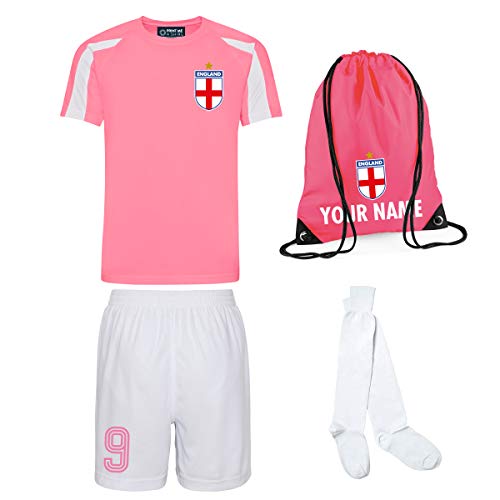Print Me A Shirt Conjunto de Fútbol Rosa Selección de Inglaterra Personalizable para Niñas, Camiseta, Pantalones Cortos, Calcetines y Bolsa Personalizable, Kit de fútbol de Inglaterra
