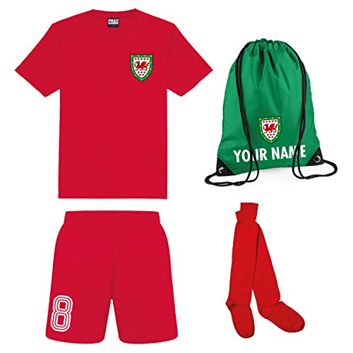 Print Me A Shirt Conjunto de Fútbol Selección de Gales Personalizable para Niños, Camiseta, Pantalones Cortos, Calcetines y Bolsa Personalizable, Kit de fútbol de Gales