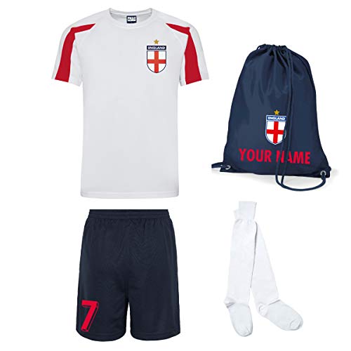 Print Me A Shirt Conjunto de Fútbol Selección de Inglaterra Personalizable para Niños, Camiseta, Pantalones Cortos, Calcetines y Bolsa Personalizable, Kit de fútbol de Inglaterra