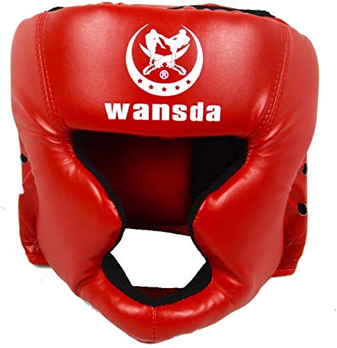Protector de casco de boxeo para entrenamiento de adultos, competición, tipo cerrado, equipo de fitness para artes marciales, taekwondo, práctica piel sintética, karate(rojo)
