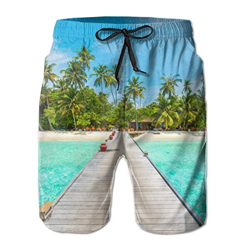 QUEMIN Pantalones Cortos de Playa para Hombre, bañadores para Surf, bañadores (Isla Tropical, Laguna Azul Turquesa), XXL