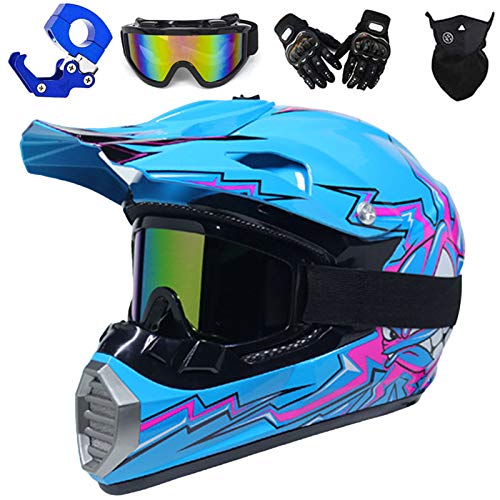 QYTK Full Face MTB Casco, Motocross Cross Casco para Enduro Downhill MX Mountain Bike ATV Niño Motorradhelm Accesorios con Gafas Guantes Gancho Helmhaken, Azul Claro, XL (58~59 cm)