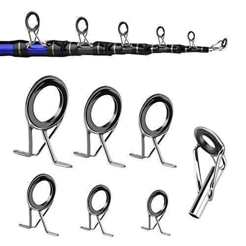 RMENOOR 7 Pcs Guías para Cañas Acero Inoxidable y Cerámica Rod Pesca Guías de 0.5/0.6/0.8/1.1/1.4/1.8cm Kit de Reparación de Caña de Pesca con Bolsa de Almacenar para Todas Cañas Agua Dulce y del Mar