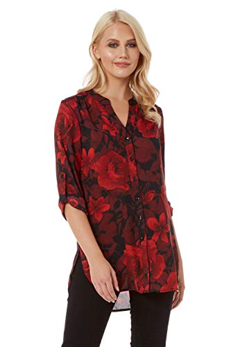 Roman Originals - Camiseta sin cuello con estampado floral para mujer con botones a través de la blusa túnica con dobladillo asimétrico elegante