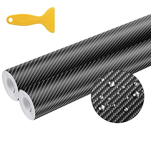 Seamuing Carbono Adhesivo, 3D (2 Rollos) Vinilo Carbono Fibra Impermeable con Raspador del Coche de Fibra de Carbono Vinilo 300 cm X 30 cm para Embalaje de Coche Negro