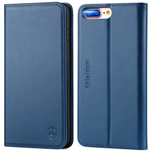 SHIELDON Funda iPhone 8 Plus, Funda iPhone 7 Plus, Funda de Cuero Genuino con Soporte Plegable, Cáscara de TPU, Ranura para Tarjeta, Cierre Magnético, Funda Tapa para iPhone 7 Plus/8 Plus, Azul Real