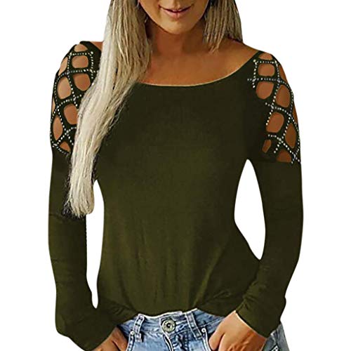 SHOBDW Mujeres Camisetas de Manga Larga Tallas Grandes Cuello en V sólido Camisa de Manga Larga Moda Casual Primavera Otoño Blusa Blusas Sueltas Diseño Cruzado Delantero Camiseta (Large, T-Verde)