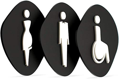 Signs - Elegant, Set 3X- Cartel Aseos Señales Adhesivas - Cartel Baño Hombre Mujer Discapacitado - Cartel Puerta Señal aseos - Cartel Puerta WC - Señal baño discapacitados (Prime Piedra - Negro)