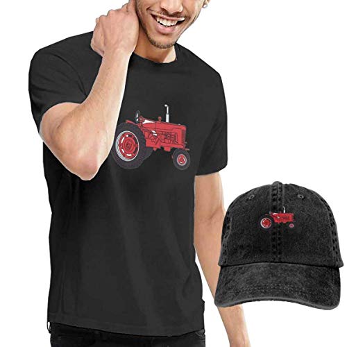 SOTTK Camisetas y Tops Hombre Polos y Camisas, Red Tractor Men's Short Sleeve T Shirt & Washed Adjustable Baseball Cap Hat