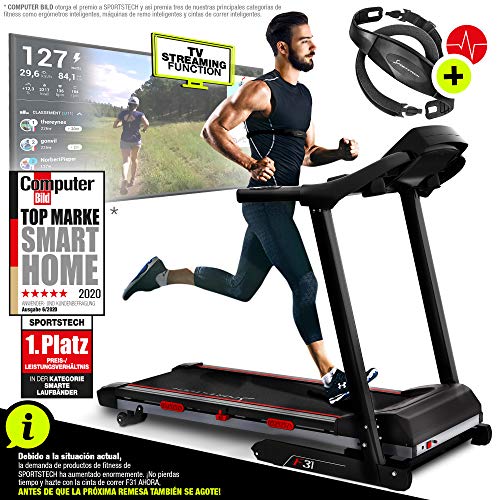 Sportstech Cinta de Correr Profesional F31 - Marca de Calidad Alemana -Eventos en Directo y App multijugador a través de Monitor LCD, Compatible con Smartphone 4PS 16km/h - Plegable y compacta