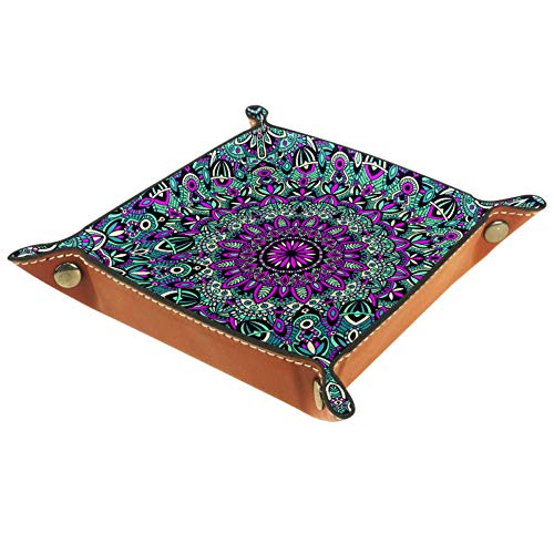 TIZORAX Mandala Floral Pattern Caja de Almacenamiento de Cuero Valet Tray Organizador de Joyas para Coin Key