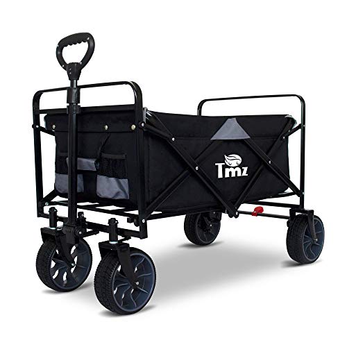 TMZ Carro plegable todoterreno para jardín con freno de pie, ruedas anchas patentadas, carretilla de mano de 90 litros, carga de hasta 120 kg, plástico ABS y neumáticos de goma