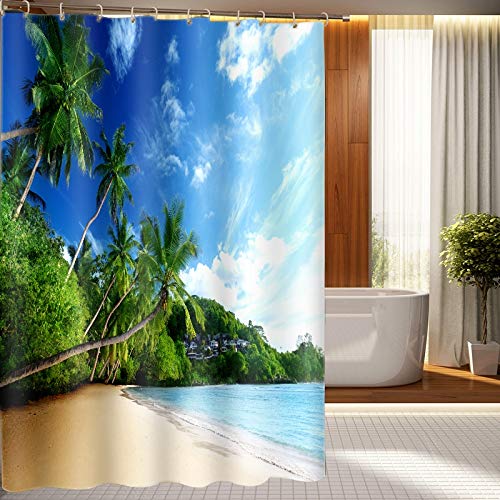 Tong XIN Coconut Grove Nubes Playa mar Azul Tela Impresa 12 Anillo de Cortina Cortina de Ducha Impermeable 180X180CM