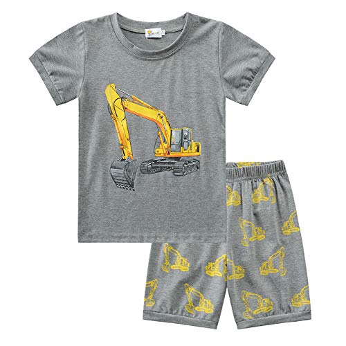 Treer Pijamas de Manga Corta para Niños y Niña, Camiseta de Dibujos Animados Tops+ Pantalones de bebé Pijamas Dos Piezas Verano Cómoda Ropa Algodón de Ropa Coche (140cm,Retroexcavadora Amarilla)