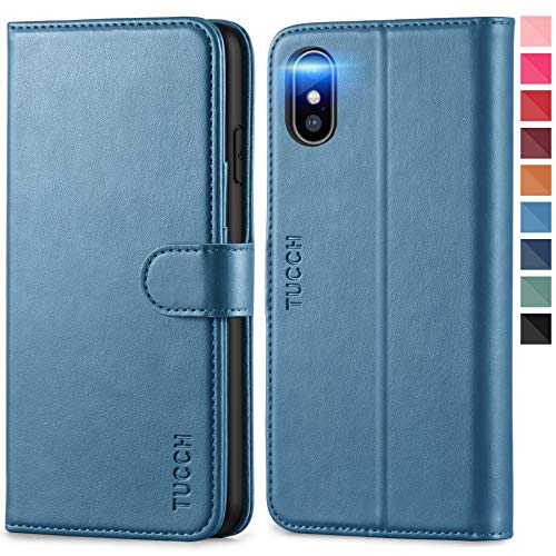 TUCCH Funda iPhone XS MAX, Funda Tapa Protectora con Auto Sleep/Wake, Bloqueo RFID, Garantía de por Vida, Cáscara de TPU, Soporte Plegable, Funda de Cuero PU para iPhone XS MAX (6.5''), Azul Claro