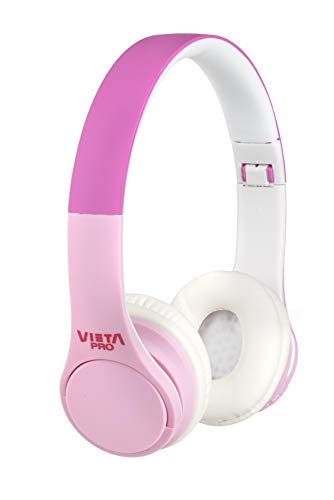 Vieta Pro Kids – Auriculares inalámbricos (Bluetooth, radio FM, micrófono integrado, entrada Auxiliar, reproductor Micro SD, plegables, autonomía 15 horas) rosa y blanco
