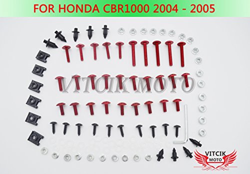 VITCIK Kit Completo de Tornillos y Pernos de Carenado para CBR 1000 RR 2004 2005 CBR 1000 RR 04 05 Clips de Sujeción en Aluminio CNC de La Motocicleta (Rojo & Plata)