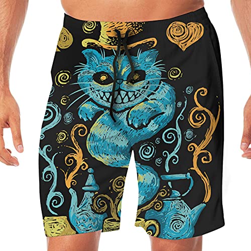 Yaqnsht Alice in Wonderland Cheshire Cat - Pantalones de playa para hombre, de secado rápido, ropa de playa, deportes, correr, natación, pantalones cortos