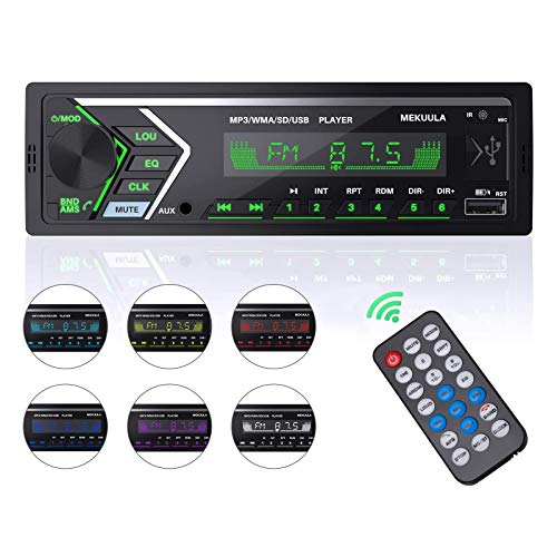 Autoradio Bluetooth, FM Radio de Coche, 7 Colores Manos Libres Radio Estéreo de Coche, Apoyo de Reproductor MP3/ WMA/FLAC/Disco U/AUX/USB/TF/SD/Carga rápida/Control Remoto, Reloj de visualización