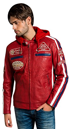 Chaqueta Moto Hombre en Cuero Urban Leather '58 GENTS' | Chaqueta Cuero Hombre | Cazadora de Moto de Piel de Cordero | Armadura Removible para Espalda, Hombros y Codos Aprobada CE |Rojo Wax | 3XL