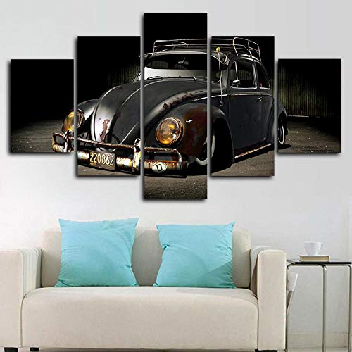 Cuadro en Lienzo Impresión de 5 Piezas Impresión Artística Imagen Gráfica Decoracion de Pared Moderno Volkswagen Escarabajo Coche clásico Viejo Enmarcado