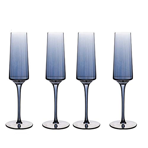 DONGTAISHANGCHENG Cuatro Flautas de Cristal Azul de Champagne, 9.84 Pulgadas de Tallo de Cristal de Altura, diseño clásico y sin Costuras Torre - Vidrio Libre de Plomo.