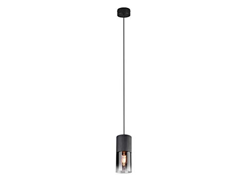 Elegante lámpara colgante cilíndrica LED de metal negro mate con una pantalla de cristal ahumado. Elegante lámpara colgante cilíndrica LED de metal negro mate con una pantalla de cristal ahumado.