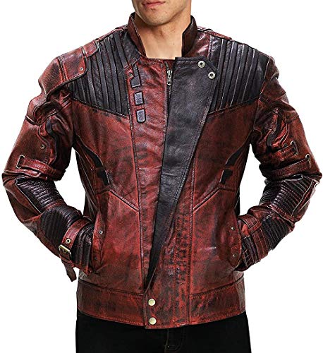 Fashion_First Guardians of The Galaxy Star Lord Chris Pratt Maroon Chaqueta de piel sintética para hombre – Disfraz de Guardianes de la Galaxia Chaquetas y pantalones de piel auténtica para hombre