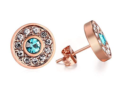 HAMANY Aretes Redondos de Acero Inoxidable para Mujer con Diamantes de imitación Azul Claro en el Centro con baño de Oro Rosa HAMANY Aretes Redondos de Acero Inoxidable para Mujer con Diamantes de imitación Azul Claro en el Centro con baño de Oro Rosa